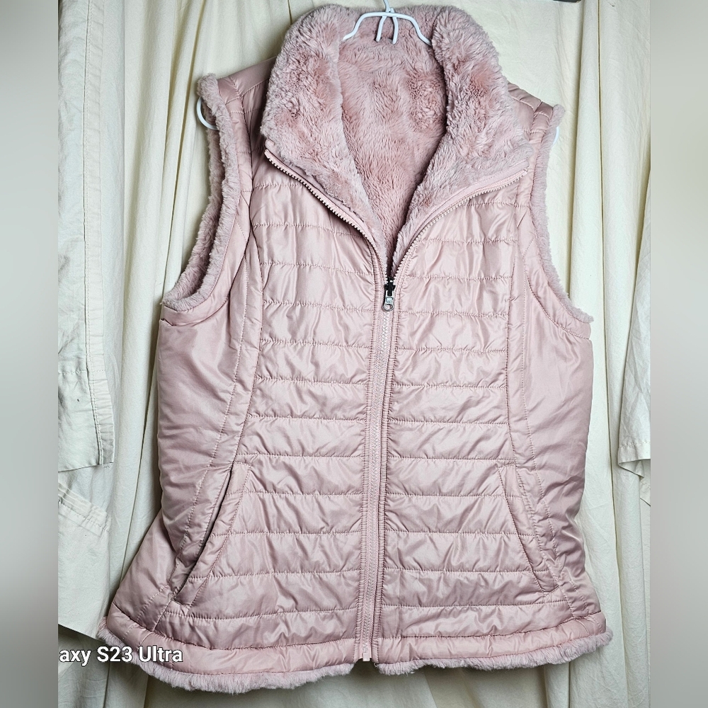 Nicole Miller reversible puffer faux fur plush vest full zip Pastel pink size L